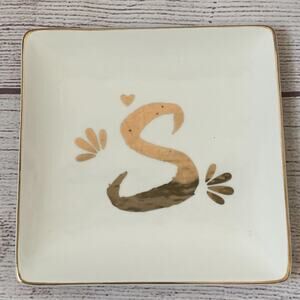 White Monogram Trinket Dish Jewelry Holder Coin Tray Metallic Gold S and Rim 5"
